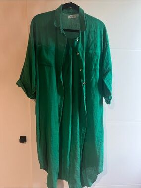 Long linen Relaxed Button-Up Shirt - Green